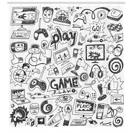 Video Games Shower Curtain Monochrome Sketch Style Gaming Design