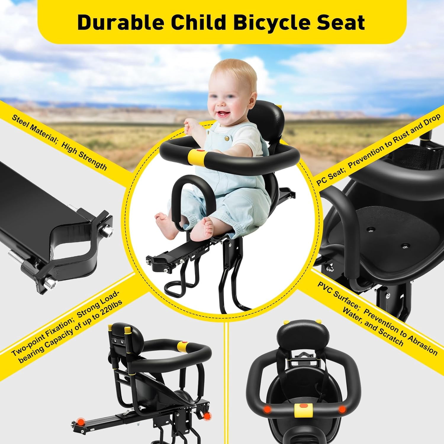 Kids Bike Seat Black Portable Position adjustable Baby Bike Seat Front Mount Toddler Child Bike Seat Suitable for 8 Months-6 Years Old Child Bicycle Seat for Adult Bike Mountain Bike Electric Bikes