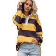 thumbnail image 2 of Women Striped Color Block Polo Sweatshirt Lapel Collared Long Sleeve Oversized Shirt Trendy Spring Clothes (Coffee M), 2 of 5