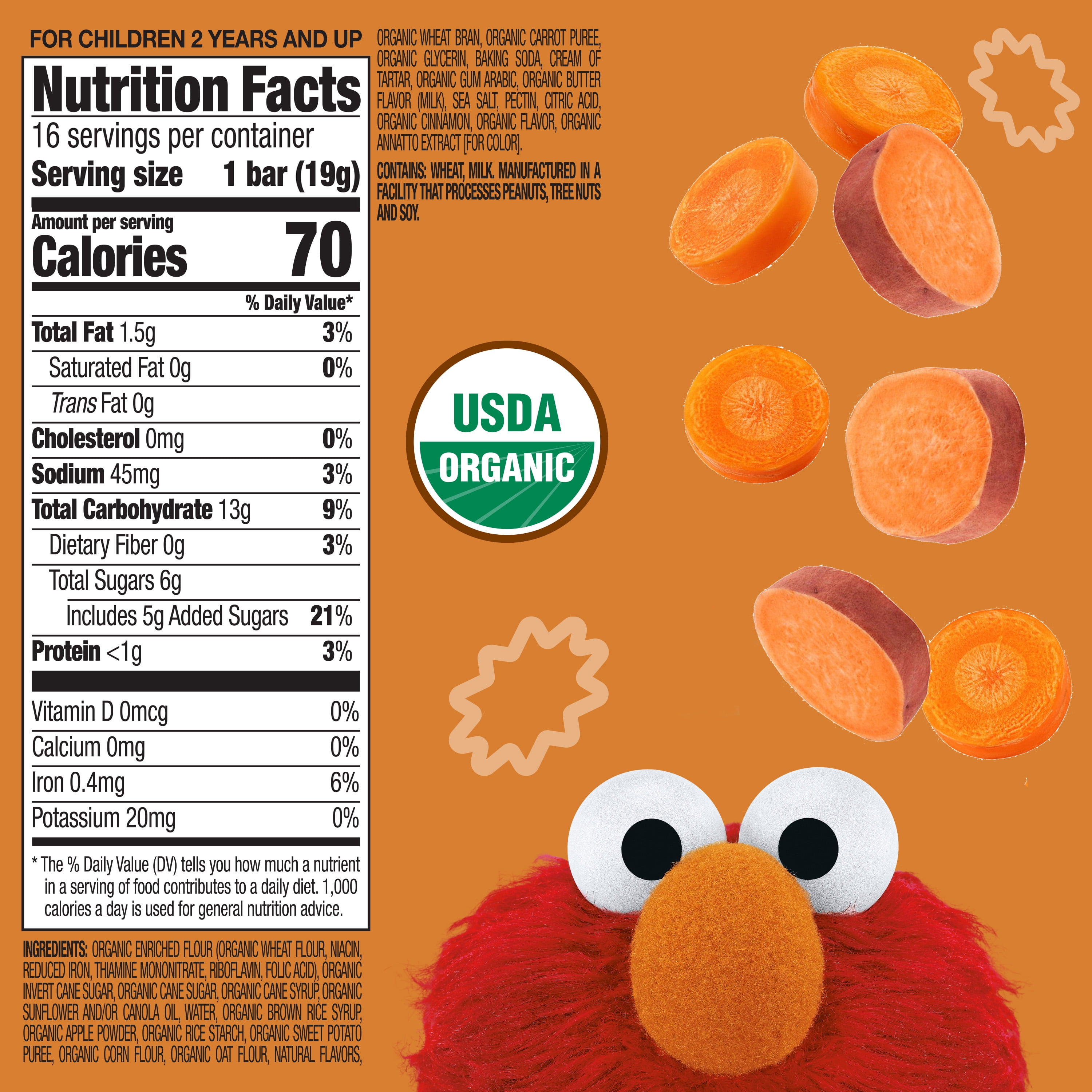 Earth's Best Organic Sweet Potato Carrot Sunny Days Toddler Snack Bars, 10.72 oz Box (16 Count)