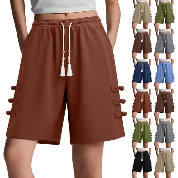 Kojanyu Women's Casual Drawstring Summer Shorts Loose Fit Elastic Waist Side Decorative Button Polyester Shorts