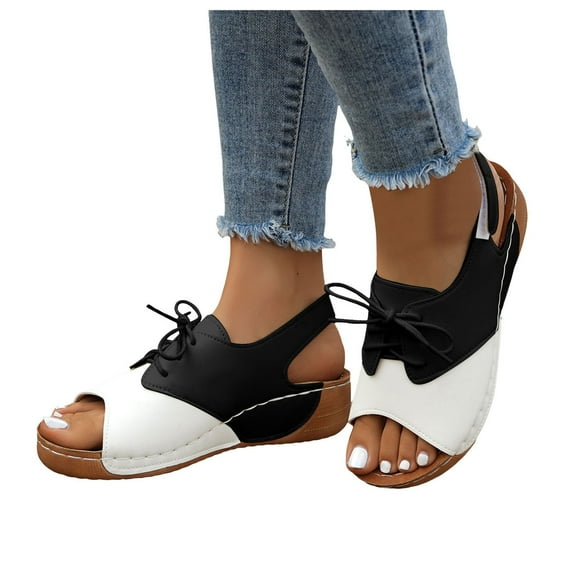 Orthopedic Walking Sandals for Women Vintage Classic Leather Lace up Open Toe Wedge Mary Jane Dressy Sandals