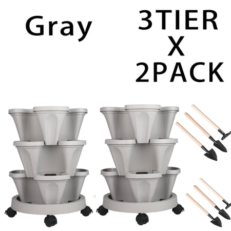 Stackable Planters 3 Tier Vertical Tower Garden Planters Strawberry  Herb  Flower  and Vegetable Planter Indoor Outdoor Gardening Pots with Removable Wheels and Tools-Gray 2 Set