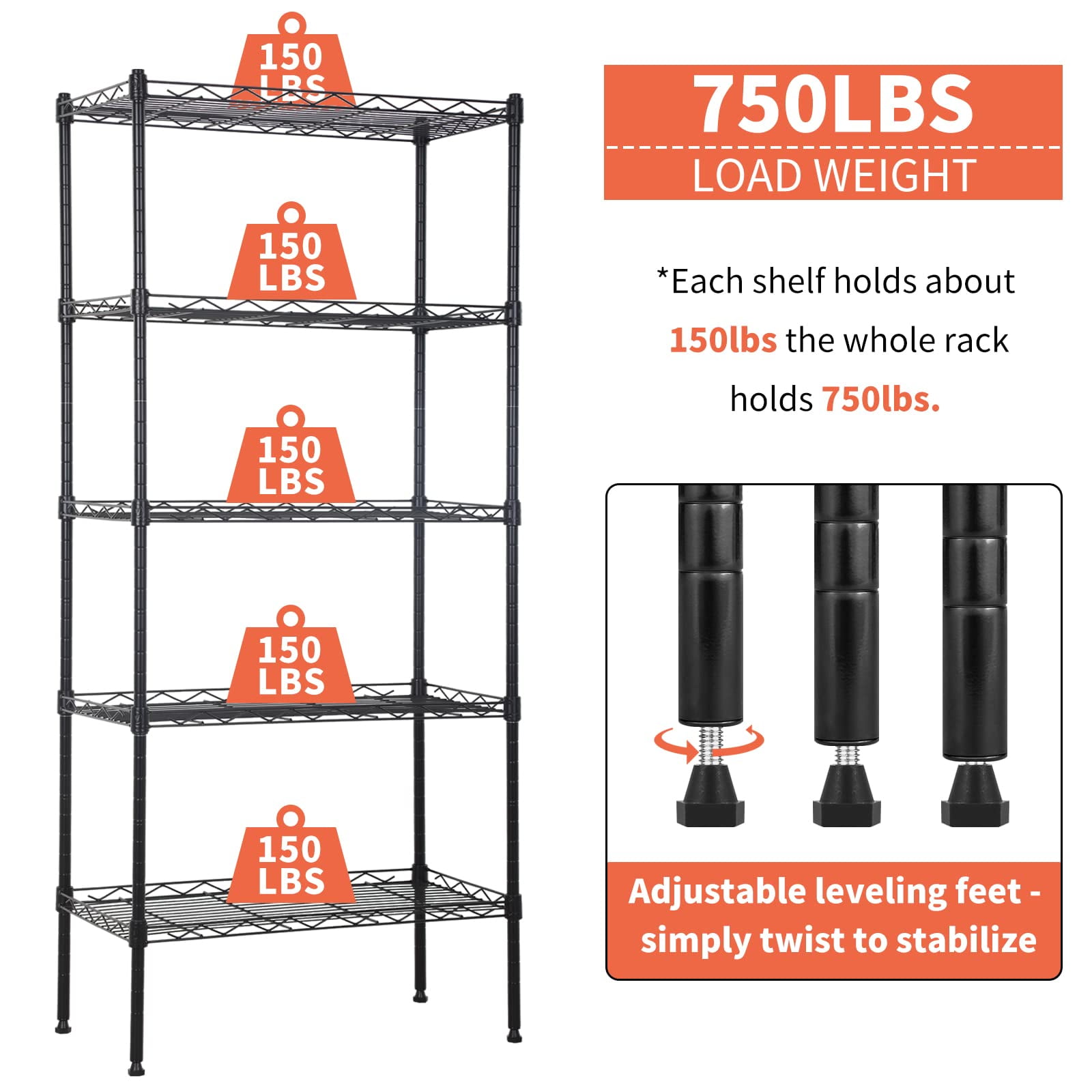 5-Tier Shelving Unit Adjustable Metal Shelves 48" H Storage Rack Wire Shelf for Pantry Kitchen Closet Organization Space Saving, 750LB Capacity, 21.5D x 11.6W x 47.6H, Black