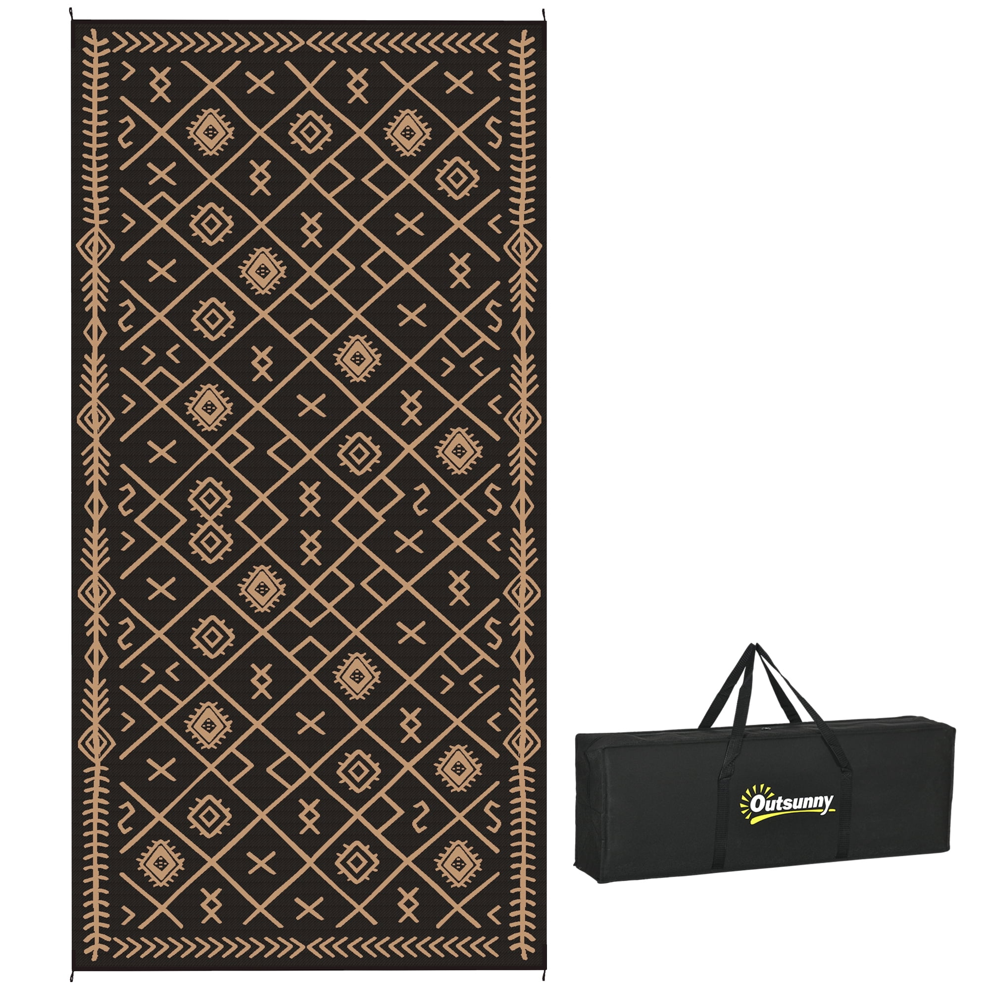 Outsunny Outdoor Patio Rug, Large Camping Carpet with Carrying Bag, 9' x 18' Waterproof Plastic Straw, Reversible, Black & Brown Rhombus