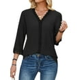 thumbnail image 3 of Hibeli Womens Crochet V Neck 3/4 Sleeve Solid Color Blouse, 3 of 7