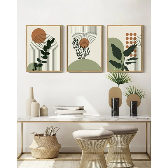 Boho Plant Wall Art 11x14in Natural Framed Green Botanical Bohemain Wall Printing Abstract Canvas Prints with Leaf & Sun Lines for Office Dining Room Hallway
