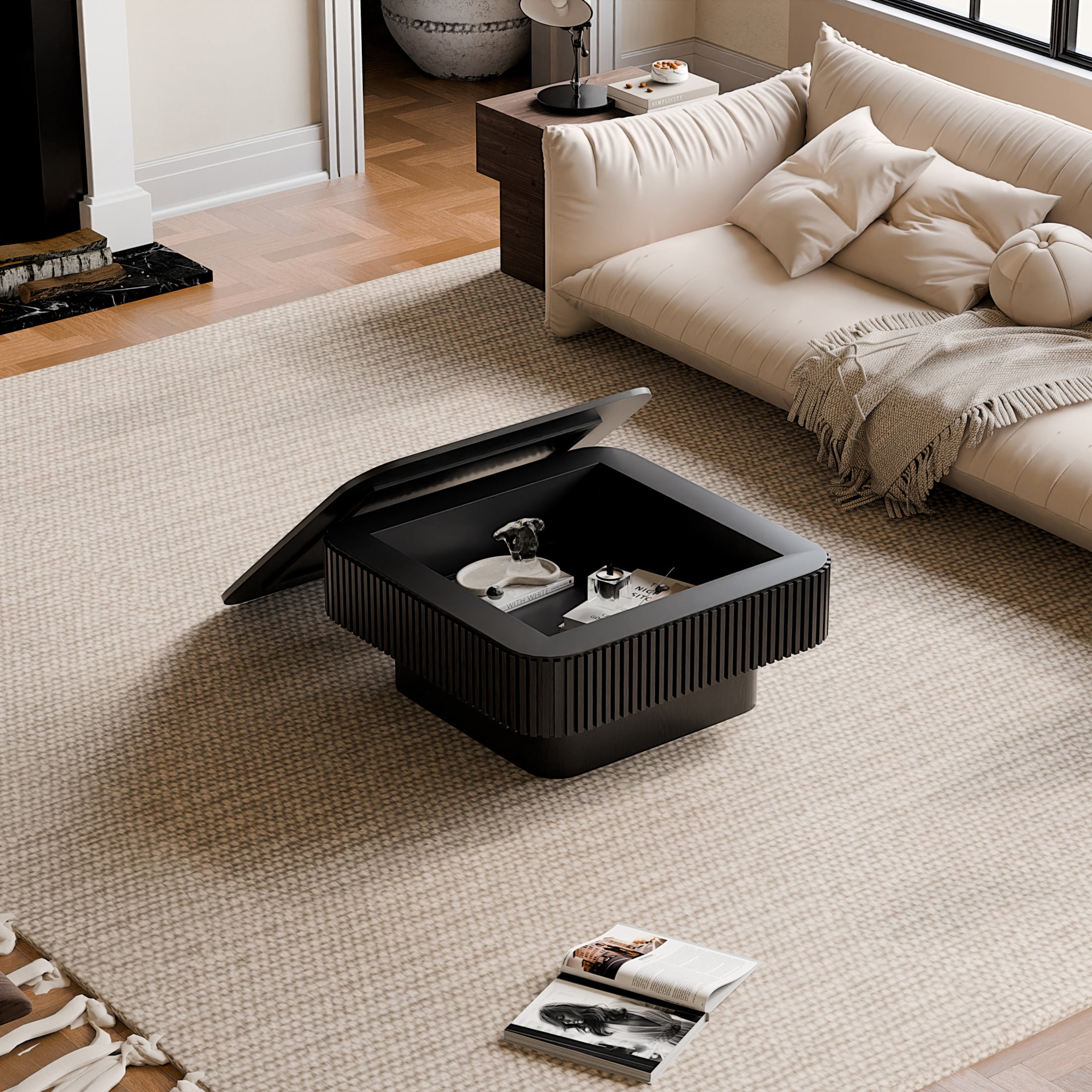 Noble House 31.5" Square Coffee Table, Wood Veneer Flip-Top Storage, Fluted Slat Sides, Living Room, Bedroom, Black
