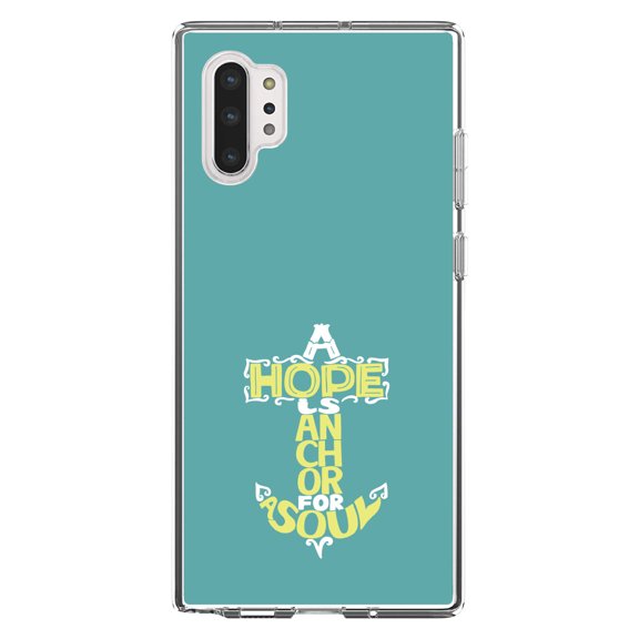 DistinctInk Clear Shockproof Hybrid Case for Galaxy Note 10 PLUS (6.8" Screen) - TPU Bumper, Acrylic Back, Tempered Glass Screen Protector - Hope is an Anchor for a Sould - Yellow Teal
