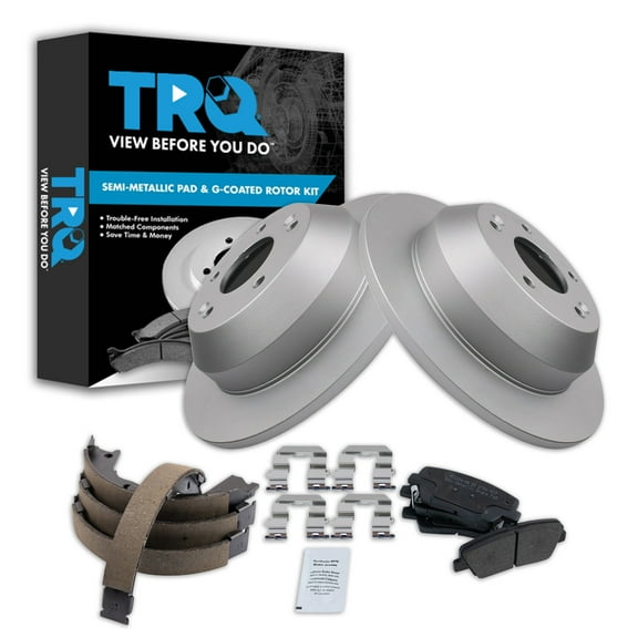 TRQ Rear Brake Pad & Rotor Kit Brake Pads Brake Rotor Parking Brake Shoe Set Semi-Metallic Premium G-Coated Fits Select 2010-2012 Hyundai Santa Fe 2011-2013 Kia Sorento