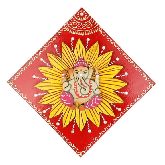 Colorful Ganesha Wall Hanging Wooden Ganesh with Sun Statue Sculpture Idol wall Antique Ganpati for Home Entrance temple decor Puja Indian Traditional Festival New year Gifts Decorations(Size:-6"X6")