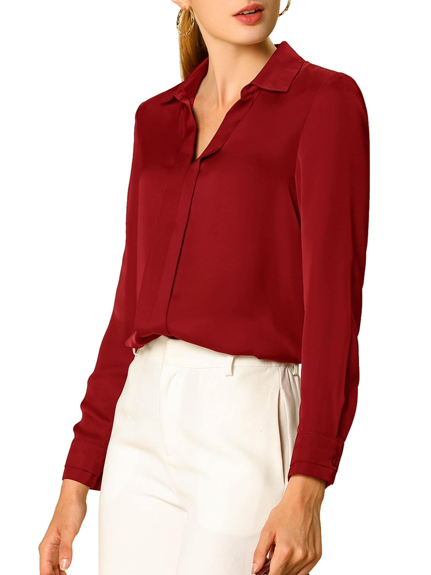 DARING DIVA Women's V Neck Classic Work Office Long Sleeve Shirt M Red