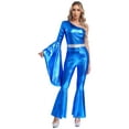 thumbnail image 2 of inlzdz Womens Shiny Metallic Disco Outfits One Shoulder Flared SlJumpsuits Royal Blue L, 2 of 7
