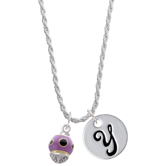 Delight Jewelry Goldtone Wide Black Dots on Purple Spinner Silvertone Script Initial Disc - Y - Charm Necklace, 20"+3"