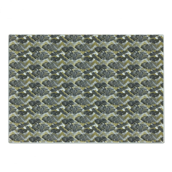 Monstera Leaf Cutting Board, Botanical Aloha Pattern with Modern Design on Geometric Pattern, Decorative Tempered Glass Cutting and Serving Board, Small Size, Charcoal Grey and Khaki, by Ambesonne