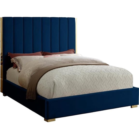 Maklaine Contemporary Metal and Velvet Full Bed in Navy