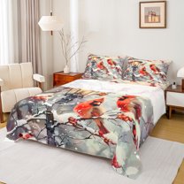 Manfei Christmas Bird Robin Bed Sheets for Kid, Winter Flower Plant King Sheets, Countryside Sheet Set, Breathable Home Decor, 4pcs