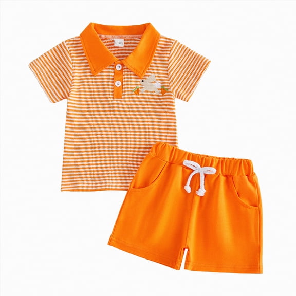 UngA Toddler Baby Boy Easter Outfit Waffle Stripe Bunny Carrot Print Short Sleeve Polo Shirt and Shorts Sets Summer Clothes (Orange,0-6 Months)