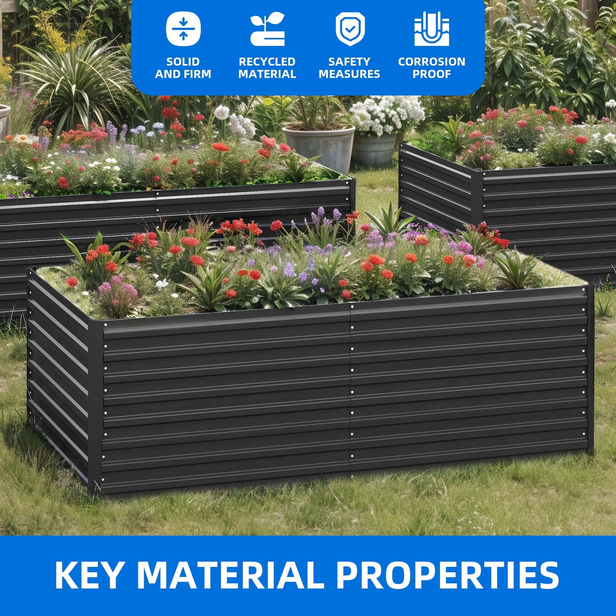 Uforic 6x3x2 ft Galvanized Raised Garden Bed Kit, Black Metal Planter Box with Gloves, Ground Nails & Support Rod, Outdoor Above Ground Planter for Vegetables, Flowers, Plants