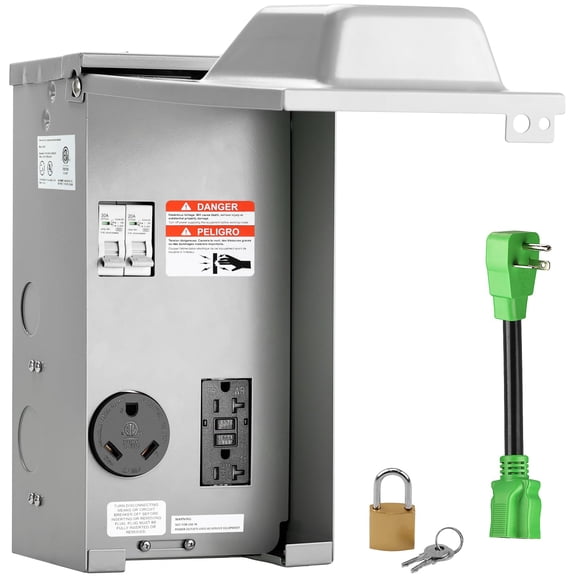 RVGUARD RV Temporary Power Outlet Panel with Breaker, ETL Listed 20 30 Amp RV Receptacle, Type 3R RV Electrical Outlet Panel with 20 Amp 90 Degree Adapter Cord for RV, Camper, Travel Trailer