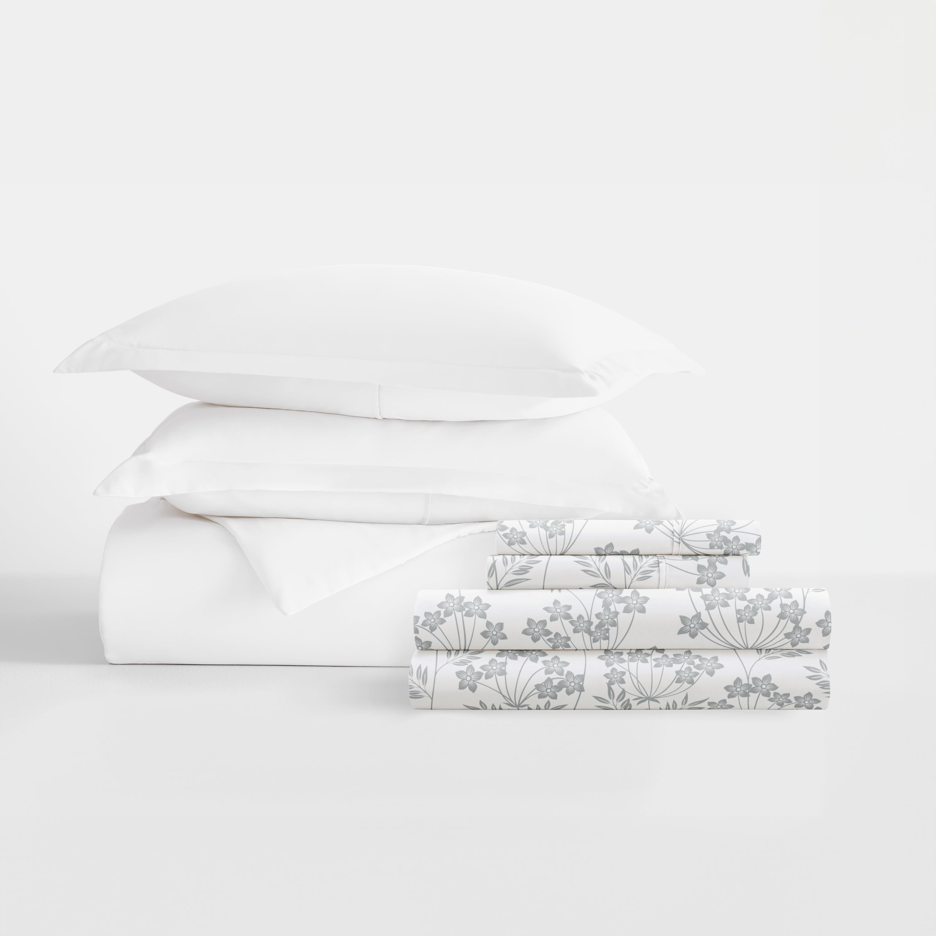 Comfort Canopy - California King Bedding Bundle, Solid Duvet Cover Set, White Comforter and Patterned Sheet Set