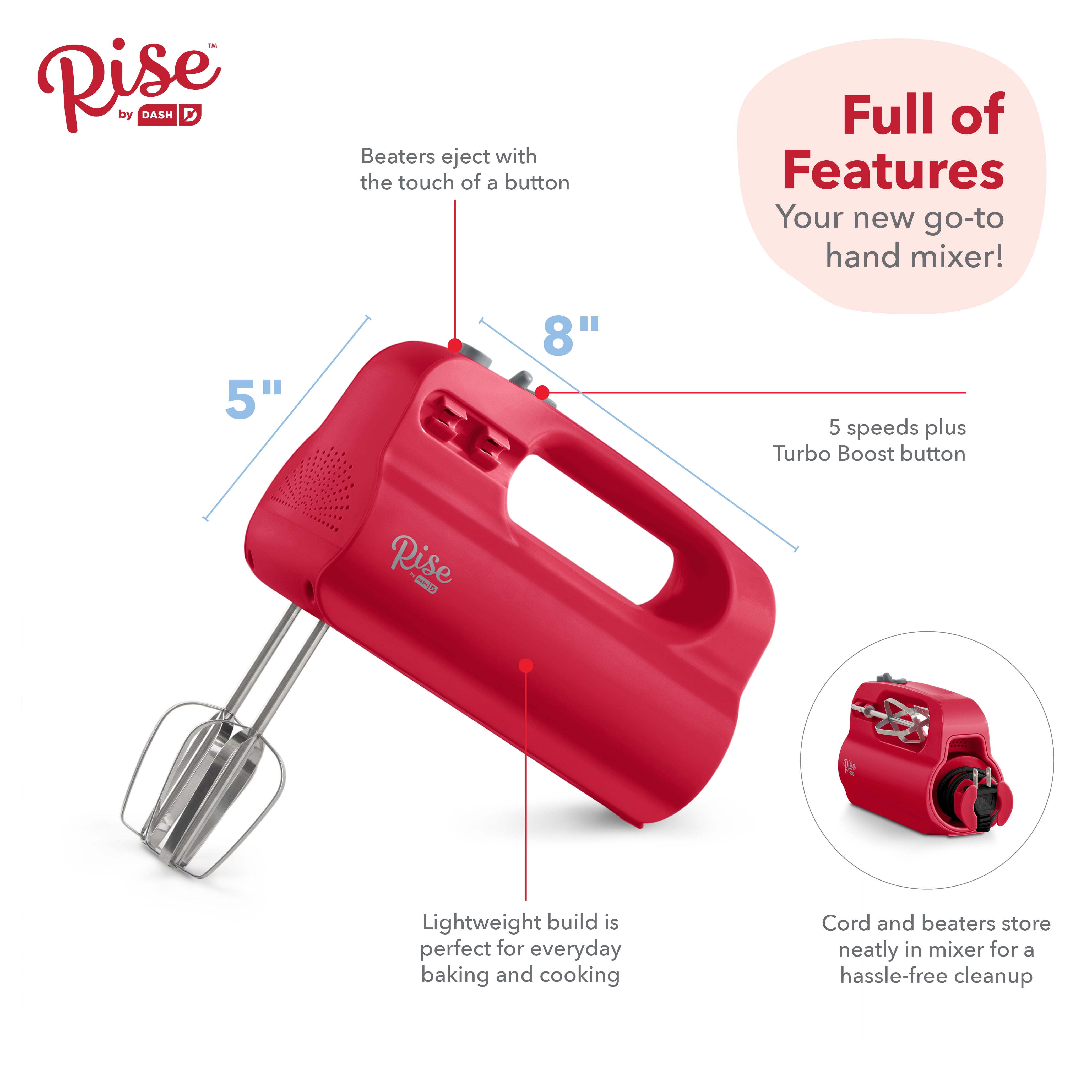 Rise by Dash Compact Hand Mixer Electric for Whipping + Mixing with Cord Storage, 5 Speed - Red - New