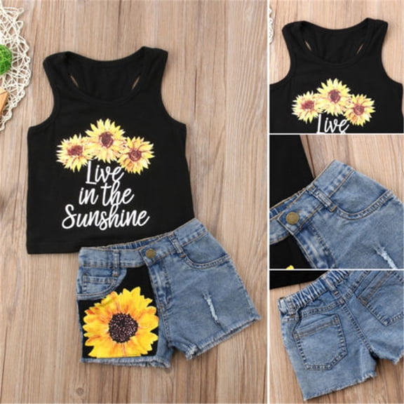 3PCS Newborn Toddler Baby Girls Sunflower Tops Crop Shorts Outfits Clothes Set