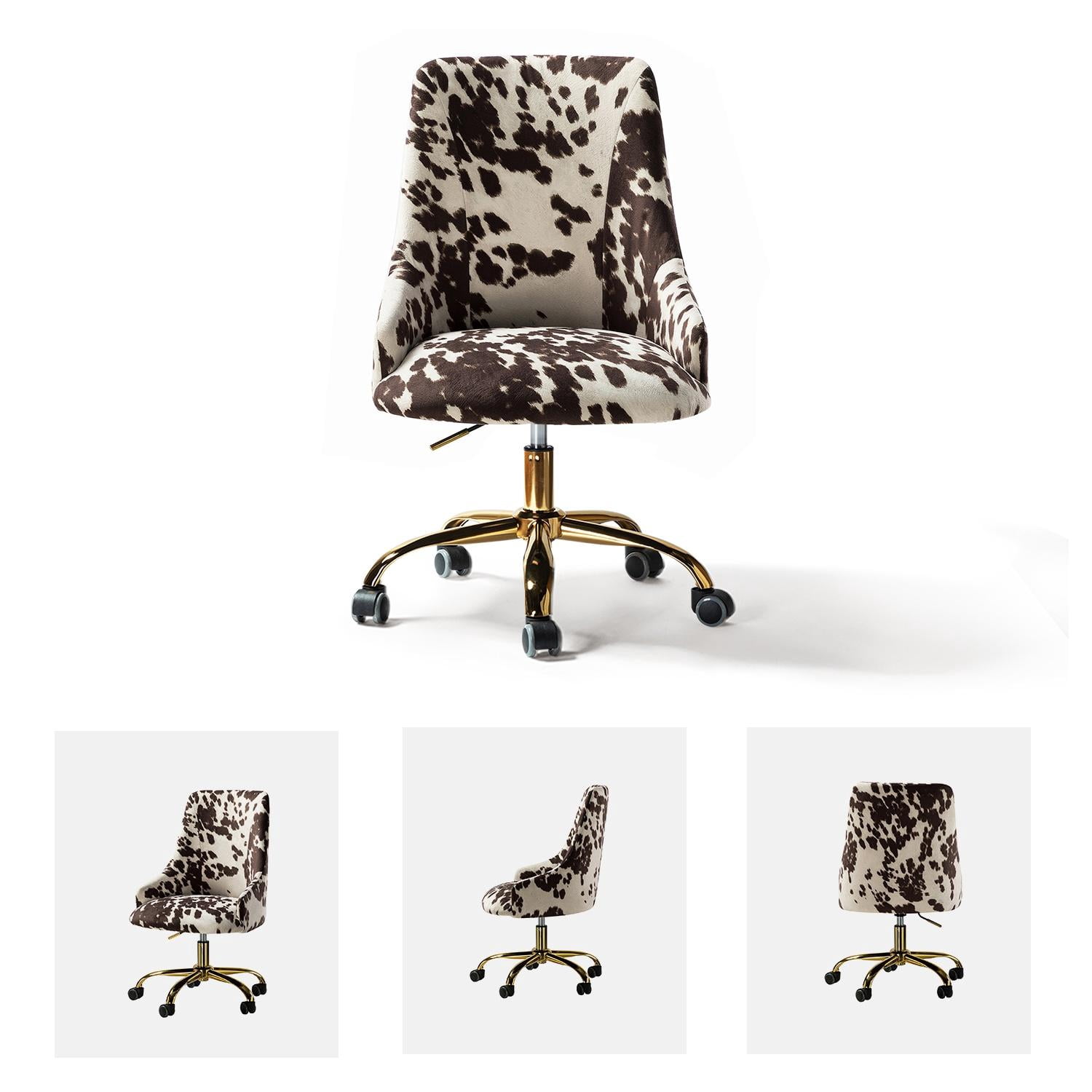 Home Office Computer Desk Chair Upholstered Swivel Adjustable Study Task Chairs Gold Base Cow COWHIDE