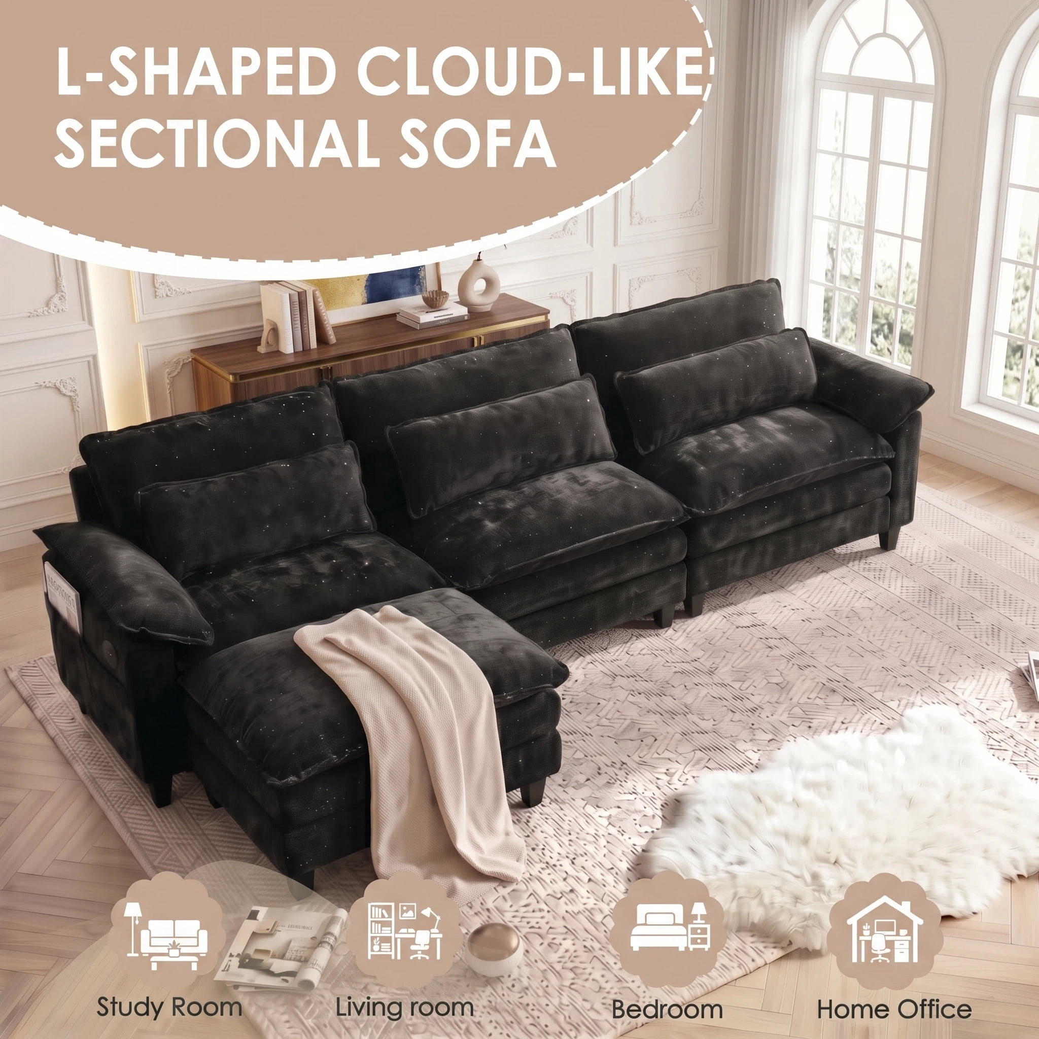 UBERLYFE 119" L Shaped Cloud Modular Sectional Sofa, Deep Wide Seat Couch with Ottoman, USB Charging Ports, Side Storage Pockets & Throw Pillows, Modern Chenille Living Room Furniture, Black