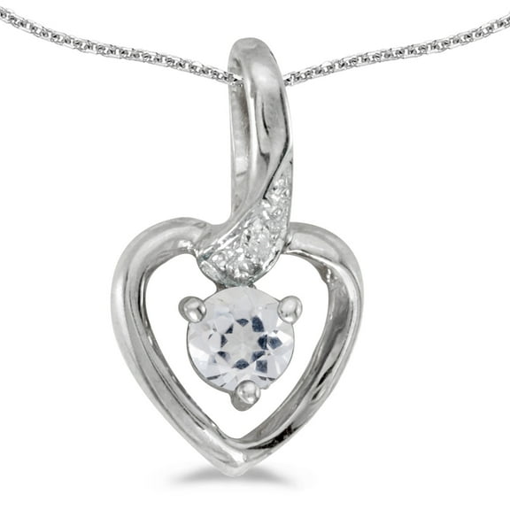 14k White Gold Round White Topaz And Diamond Heart Pendant with 18" Chain