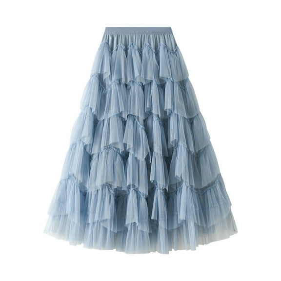 PMVFHDE Womens High Waist Mesh Ruffle Long Skirts For Women Calf Length Chiffon Pleated A Line Tutu Maxi Skirts For Women Blue