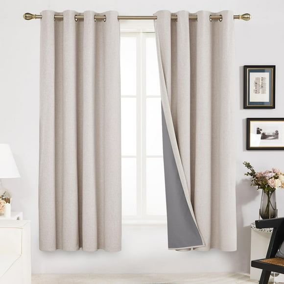 Deconovo Total Blackout Curtains with Coating for Bedroom, Window Curtains for Living Room, Total Room Darkening Linen Curtains, Grommet Drapes for Home Decoration, Flaxen, 52W x 72L In