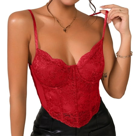 Women s Lace Mesh Bustier Fish Boned Sheer Spaghetti Straps Going Out Corset Crop Top