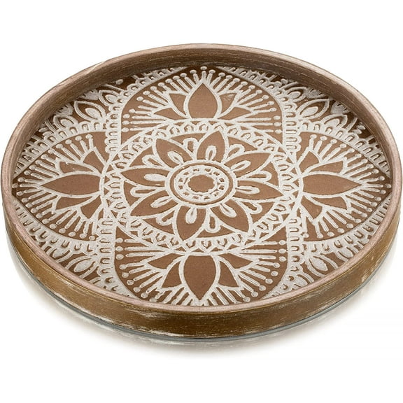 Round Decorative Tray for Centerpiece: Boho Coffee Table Trays for Home Decor - Farmhouse Wood Serving Platter Rustic Circle Bohemian for Kitchen Counter Women