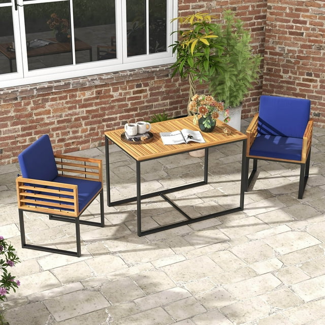 Costway 3 PCS Patio Dining Table Set with Bistro Chairs Large Coffee Table Seat Cushions