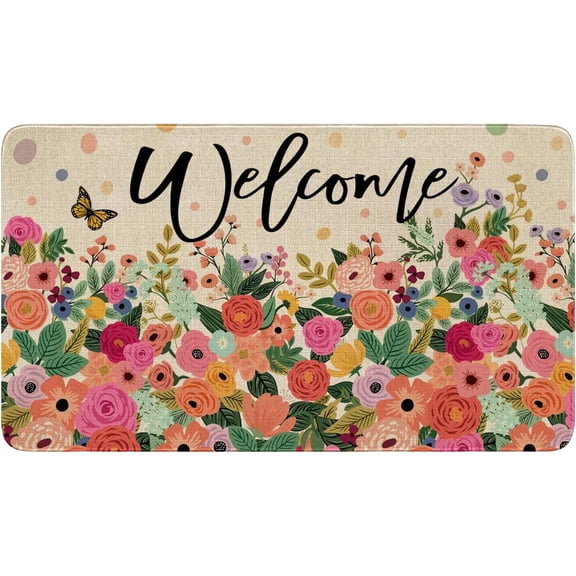 Spring Door Mat,Welcome Watercolor Flower Floral Indoor Outdoor Non-Slip Doormat,Entryway Front Porch Spring Summer Welcome Door Mat Colorful for Entrance Decor,30" x 17"