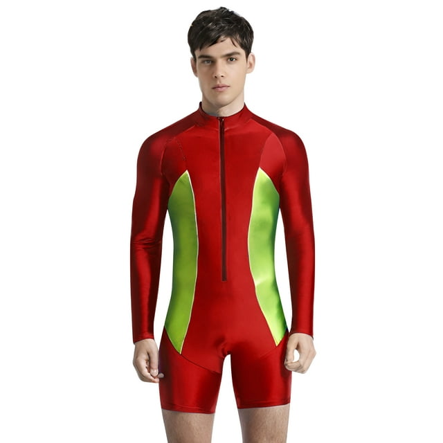 iiniim Men's Color Block Long Sleeve Surfing Swimsuit Zipper Bathing Suit Sun Protection Rash Guard Red S