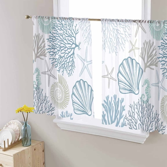 Light Blue Coastal Sheer Curtains 45 Inch Length 2 Panels Set for Living Room/Bedroom, Summer Beach Coral Shell Starfish Curtain Sheers Drapes Rod Pocket Curtains Window Treatment Set 52''x45''x2