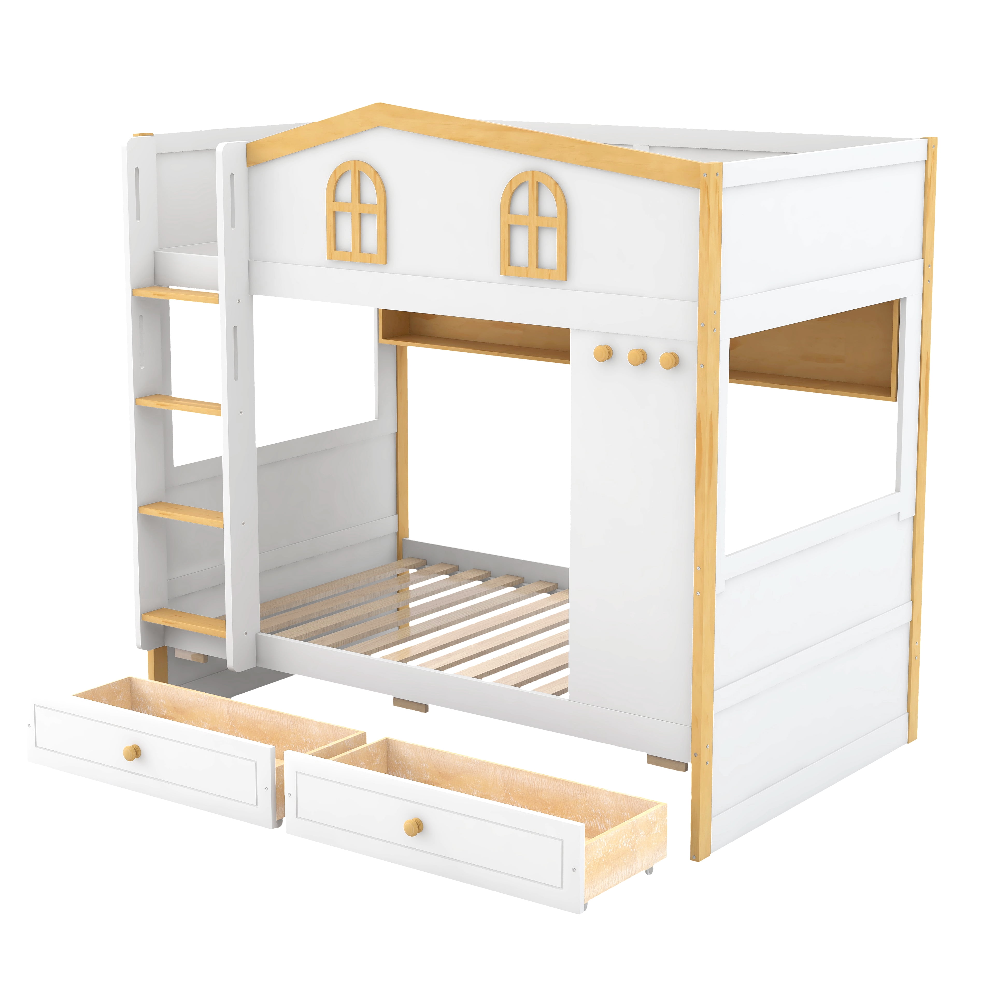 Euroco Wood Twin over Twin Bunk Bed with Shelves and Drawers, House Bed with Guardrails, White