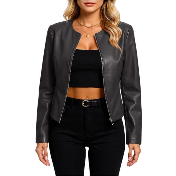 dGslk Women's Casual Long-Sleeved Solid Color PU Motorcycle Leather Jacket Black S