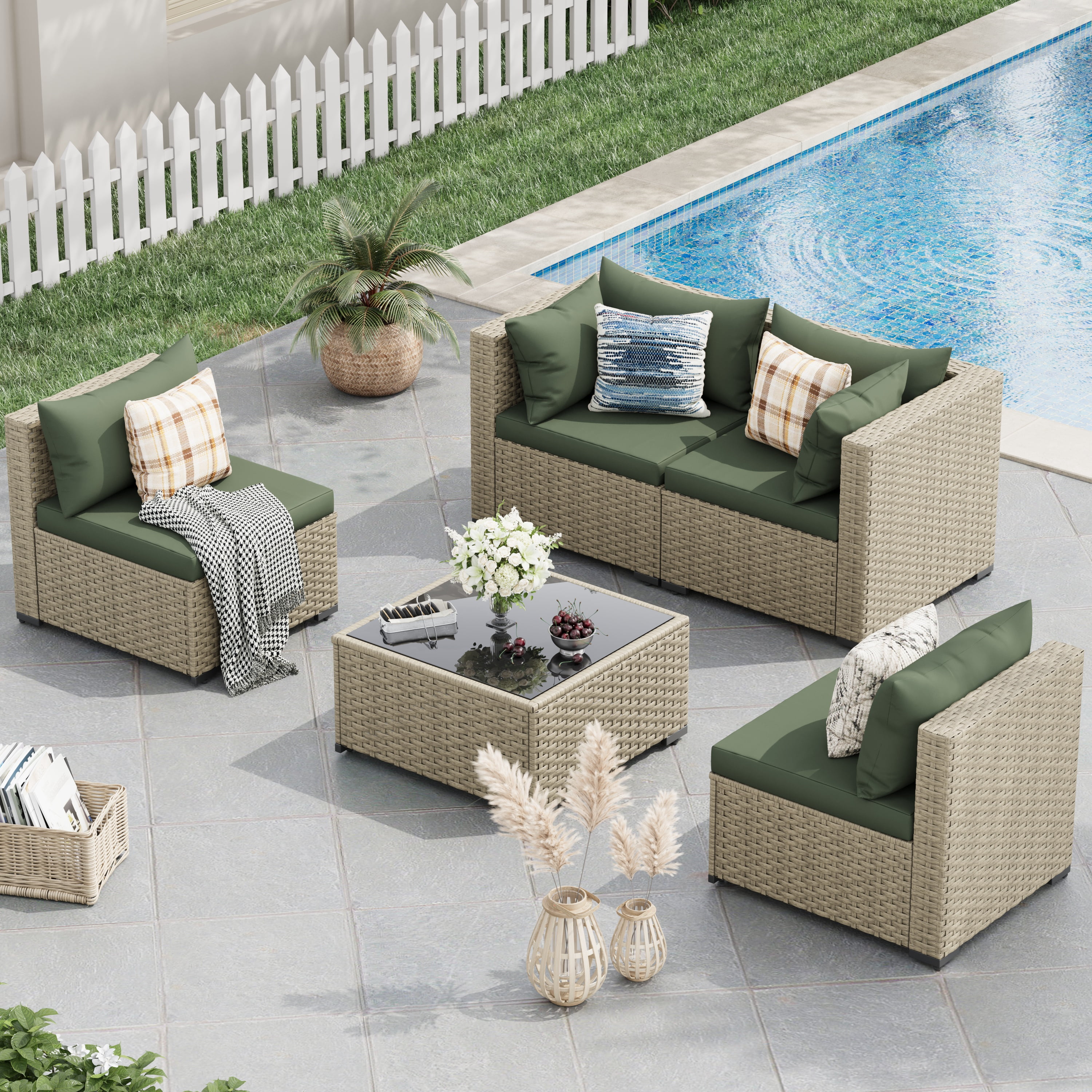 POTEBAN 5 Pieces Outdoor Sectional Conversation Sets with Sofa and Table, Grey Rattan Wicker Sofa Set with Cushions for Backyard, Green