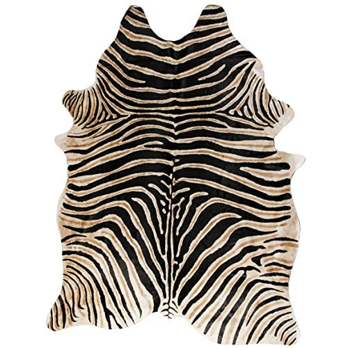 Natural African Zebra Print Black on Tan Handmade Brazilian Cowhide Rug Shed-Free Fade Resistant Cowhide Area Rug, 6 ft x 7 ft