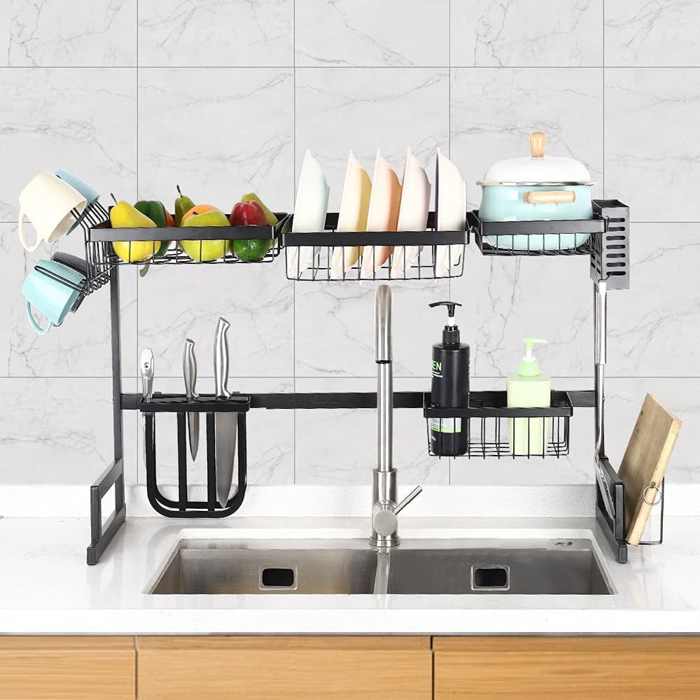 2-Tier Stainless Steel Over the Sink Dish Rack (Large, Black)