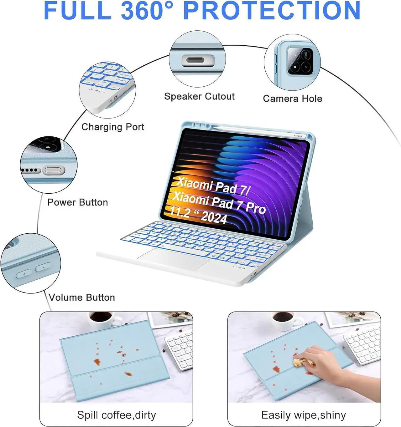 Keyboard Case for Xiaomi Pad 7/ Pad 7 Pro 11.2 Inch, 7 Color Backlit, Magnetic Detachable Wireless Bluetooth Keyboard, Multi-Touch Trackpad, Stain Resistant Cover, Rechargeable