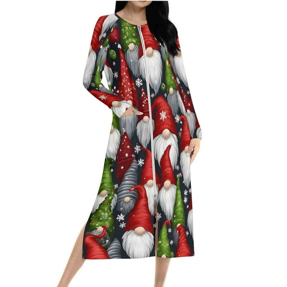 Lorytime Christmas Nightgowns for Women Santa Claus Zipper Bathrobes Crewneck Long Sleeve Sleepwear Raglan Loungewear