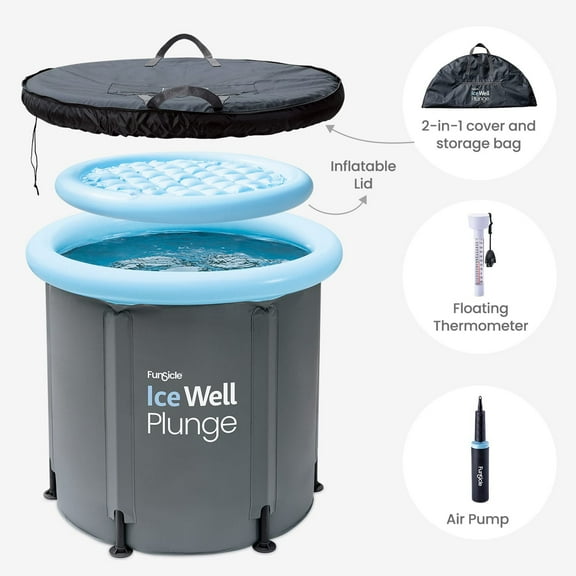 Funsicle 30” x 30” Ice Well Plunge, Portable Cold Plunge Immersion Tub, Indoor and Outdoor Use, Includes Air Pump, Thermometer, Inflatable Lid, Cover and Storage Bag, Cool Gray, Adults