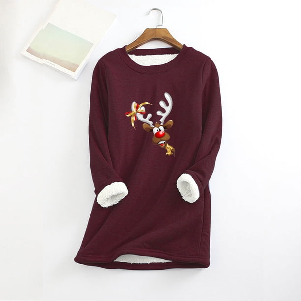 ICHUANYI Clearance Christmas Print Women Fashion Thick Fleece Sweatshirt Velvet Warm Round Neck Underwear Top ICHUANYI "ICHUANYI"