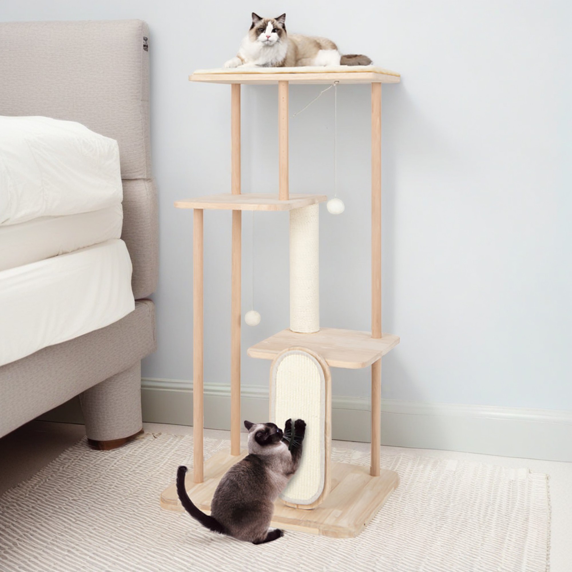 Kadyn 50" Wood Cat Tree Tower for Indoor Cats, Multi-Level Cat Condo with Scratching Board and Posts, Removable Soft Mat, Beige