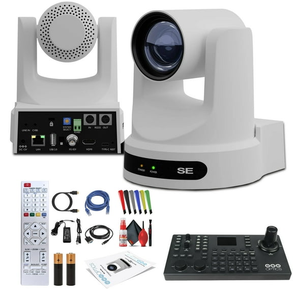 PTZOptics Move SE PTZ Camera with 30x Optical Zoom (White) (PT30X-SE-WH-G3)   PTZOptics SuperJoy PTZ Camera Joystick Controller   Lens Cleaning Kit   HDMI Cable   Ethernet Cable   Color Wire Ties