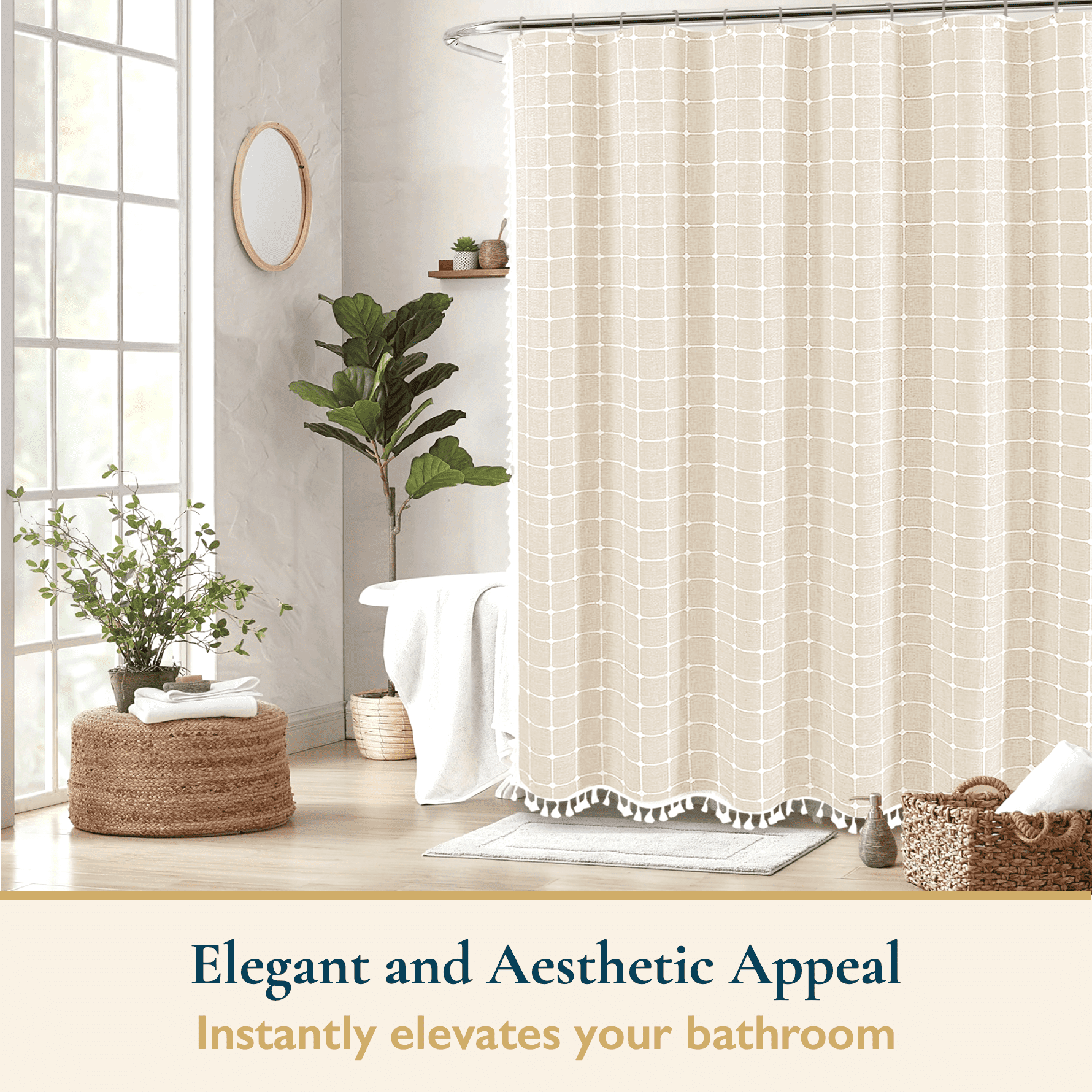 ComfiTime Tassel Shower Curtain Set with Hooks – 330 GSM Heavy-Duty Fabric Cloth, Boho Farmhouse Bathroom Curtain, Embroidered Hotel Luxury Linen, Water-Repellent, Machine-Washable, 72” x 72”, Beige